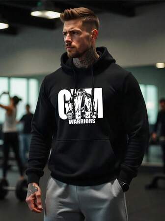 男士秋冬运动衫休闲印花卫衣黑色连帽卫衣GYM适合户外运动健身穿着