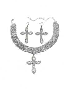2 件水钻十字架项链和耳环套装，方晶锆石镶嵌闪亮时尚女士颈链首饰套装，适合派对、婚礼、夜总会