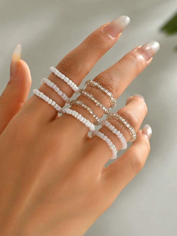 10 Stücke/Set bunte Perlen Gummi-Ringe im Bohostil, vielseitig tragbare Mode-Ringe zum Stapeln für Frauen, aus Glas, geeignet für Strand, Sommerurlaub