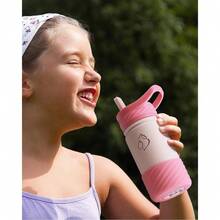 2 Pack Insulated Kids Water Bottle,  14oz Stainless Steel Water Bottles With  Straw Lid, -FREE Lead-Free Double Wall Leak Proof Drink Cups Flask For School (Blue Car +Blue Dinosaur) - 粉紅色帶貼紙 - 查看 7