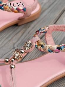 WRCVS Giày sandal nữ màu hồng, giày dệt kim kiểu dáng thường ngày, giày đi biển nhẹ, chống trơn trượt với họa tiết hoa ngẫu nhiên, giày đi nghỉ mát phong cách Bohemian đính hạt thủ công, giày ngoài trời kiểu retro, phong cách Boho, trang phục mùa xuân hè. - Hồng - Xem 7