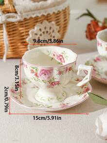 1 件套法式花卉咖啡杯碟套装，陶瓷材质，精致手绘玫瑰马克杯，创意精致的英式下午茶杯碟，适合女性，送给姐妹/朋友的礼物