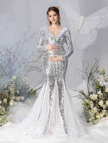 Faeriesty Dressalisa luxuriöses Umstandsabendkleid mit langen Ärmeln, V-Ausschnitt, Pailletten-Netzstoff für Schwangerschaftsfotos, Baby-Shower, Brautporträts, formelle Galas, Preisverleihungen - Silber - Übersicht 2