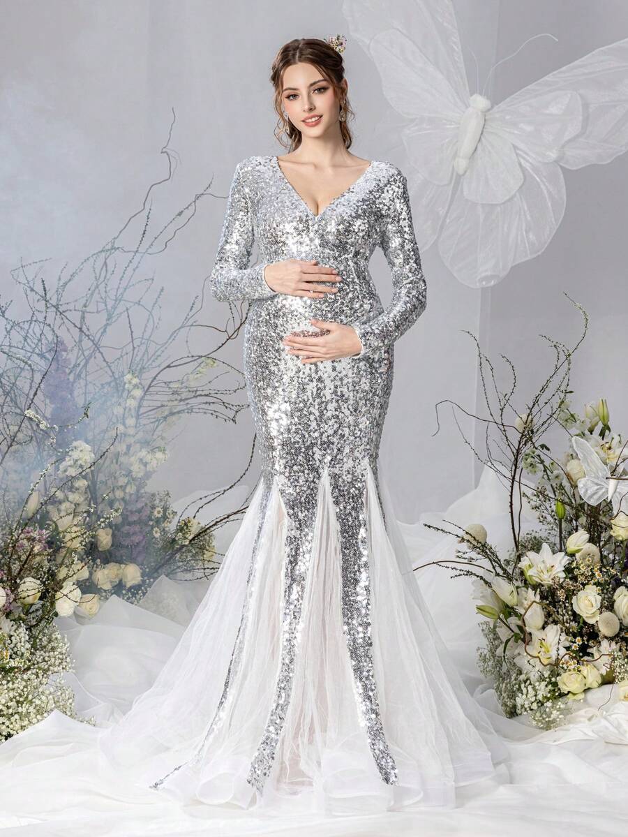 Faeriesty Dressalisa luxuriöses Umstandsabendkleid mit langen Ärmeln, V-Ausschnitt, Pailletten-Netzstoff für Schwangerschaftsfotos, Baby-Shower, Brautporträts, formelle Galas, Preisverleihungen
