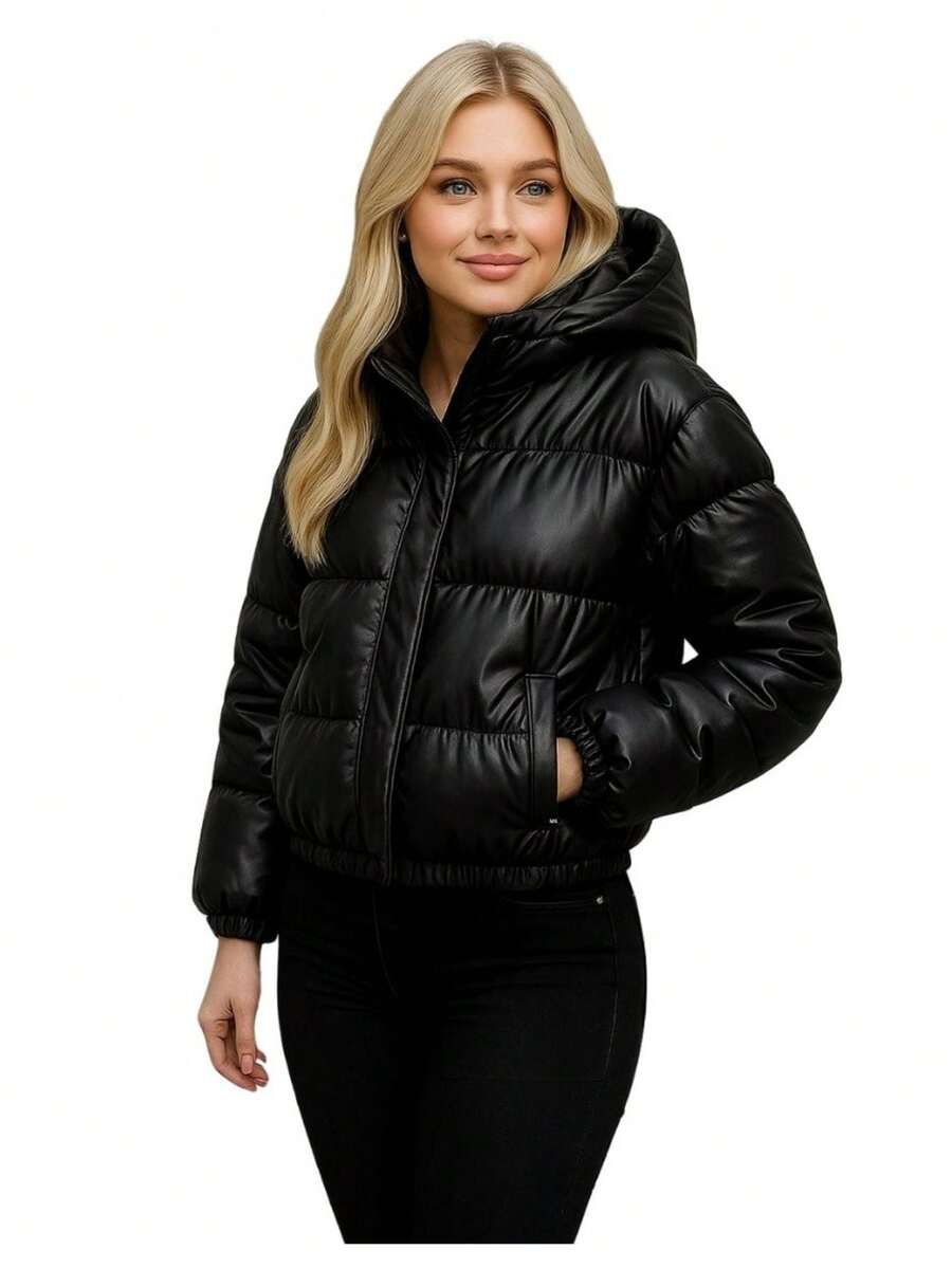 Women's Short Bobojaco Puffer Coat For Cold Winter Simple Casual Zipper Drawstring Pocket - màu đen - Xem 1