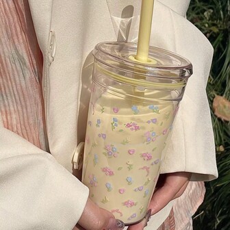 HILAKE 16 盎司花卉和蝴蝶结印花水瓶 - 便携、耐用、可重复使用，配有吸管和盖子，花卉蝴蝶结设计印花 - 非常适合夏季补水、冰咖啡、果汁、苏打水和冰沙 - 生日和派对的理想礼物 - 必备办公室配件