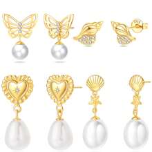 1 paire de boucles d'oreilles en argent sterling S925 doré, boucles d'oreilles perles, coquillage d'amour, vis de mer, étoile de mer, papillon scintillant, boucles d'oreilles zirconium. Bijoux élégants pour dames, cadeau pour fête, mariage, meilleur choix