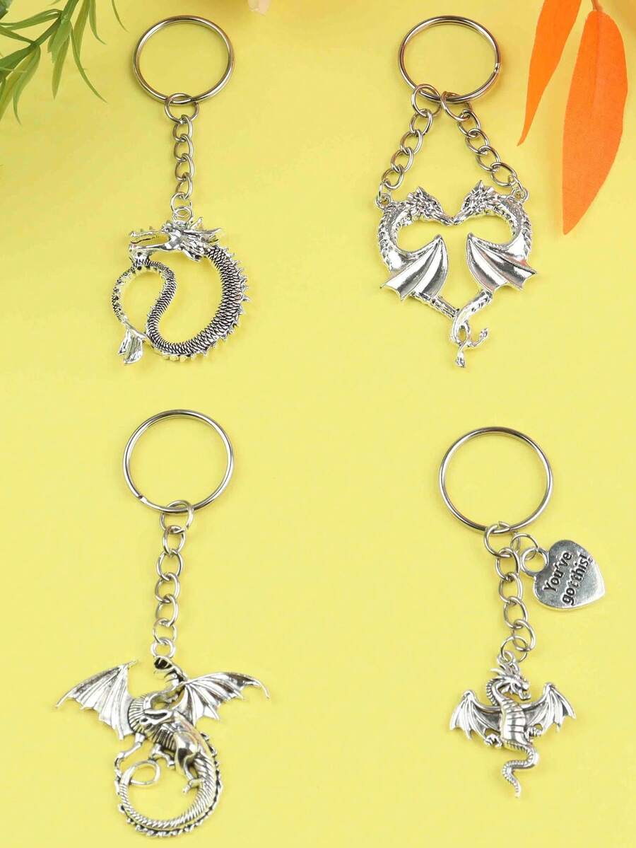 1pc/4pcs Vintage Silver Dragon Key Chain Keyring, Handbag Accessory, Car Key Chain, For Men & Women, Suitable For Multipurpose, Ideal For Birthday, Party, Back To School Gifts - Silver - View 1