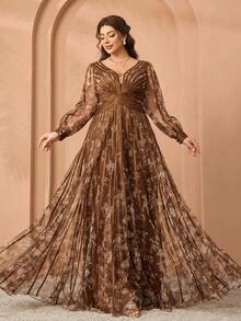 Rochie maxi de înaltă calitate, cu decolteu în V, mâneci lungi, imprimeu din plasă, potrivită pentru evenimente Black Tie