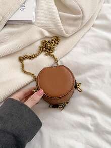 时尚女士圆形钱包零钱包斜挎包，可装钥匙、口红，迷你母子款，棕色