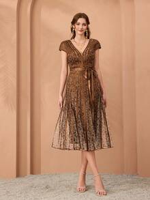 Mgiacy Elegant V-Neck Printed Airplane Sleeve Zipper Full-Length High-End Evening Dress - Coffee Brown - View 4