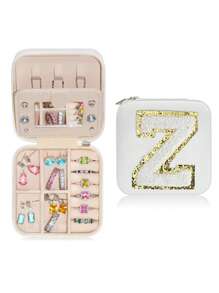 1pc Portable Travel Jewelry Box, Custom Lettered (A-Z) Organizer, Multi-Layer Jewelry Case With Mirror And Makeup Brush Holder, Suitable For Rings, Necklaces For Women Storage Organizer Travel Essentials Back To School Dormitory Storage