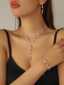 4pcs Bridal Jewelry Set, Including: 1pc Crystal Wave Pendant Necklace, 1 Pair Earrings, 1pc Bracelet. Lightweight And Elegant Style, Suitable For Women's Daily Wear, Weddings, Parties, And Other Occasions. - Yellow Gold - View 9