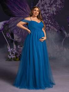 Faeriesty Vestido elegante de maternidad Dressalisa con hombros descubiertos, superposición de malla y detalle de lazo en la espalda para ocasiones de verano y primavera (invitada de boda, cena formal, fiesta de jardín, sesión de fotos de maternidad, evento nocturno) - Agua verde azul - Ver 5