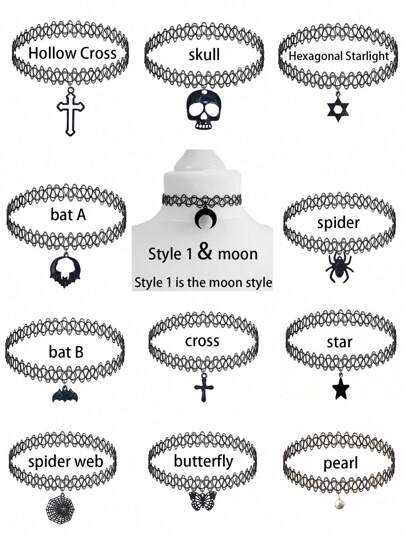 25 种款式可选，1 件哥特式月亮吊坠项链，复古风格元素包括星星、月亮、蝴蝶、蜘蛛、蜘蛛网、珍珠、翅膀、邪恶之眼、哈姆萨之手、和平、心、猫、生命之树、死亡圣器，万圣节奇特服装配饰，黑色链式项链，哥特式装饰，叛逆千年虫项链，Y2K 珠宝，女士配饰
