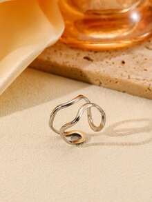 COINBUFF 1pc Minimalist Double Layer Line Wave Textured Stainless Steel Plated Gold Adjustable Open Ring For Women - Silver - View 12