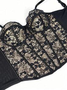 Women Floral Black Lace Trim Corset Overbust Waist Cincher Bustier Top