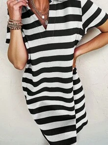 2-Color Striped V-Neck Short Sleeve Casual Vacation Dress With Pockets - Black - View 5