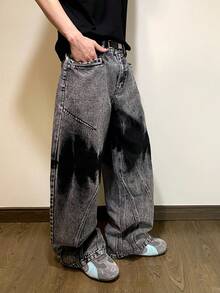 1pc Justice Brother American Style Patchwork Men's Distressed Denim Jeans, Streetwear Personalized Wide Leg Loose Fit Long Pants - Grey - View 6