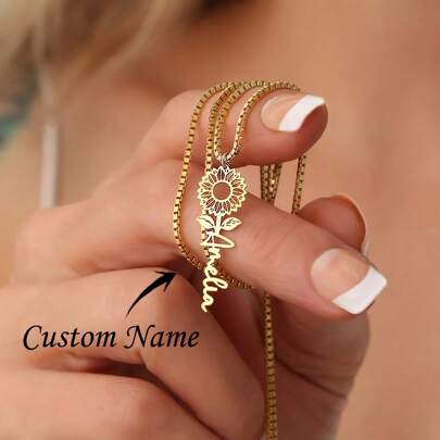 Elegante, individuell gravierte Sonnenblumen-Halskette vergoldet, aus rostfreiem Stahl, perfekt für Partys, Urlaubsreisen und Valentinstags-Geschenke