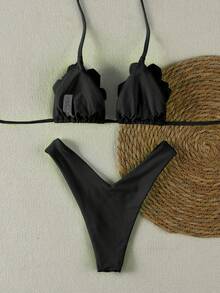 Polovedo 官方新款春夏性感休闲优雅黑色纯色花卉女士沙滩度假约会比基尼泳衣 - 黑色 - 查看 3