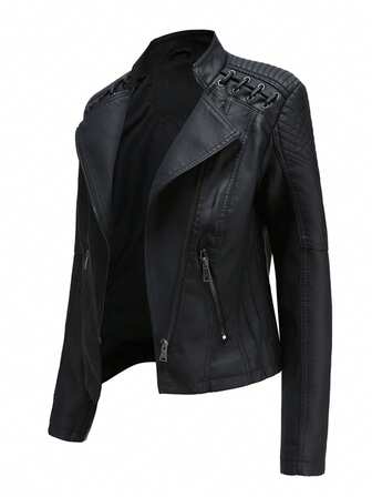 New Spring & Autumn Women Leather Jacket, Short Fitted Thin Faux Leather Motorcycle Jacket