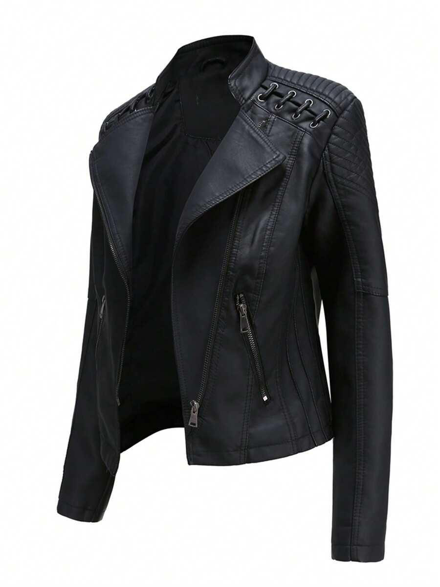 New Spring & Autumn Women Leather Jacket, Short Fitted Thin Faux Leather Motorcycle Jacket - Black - View 1