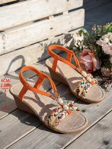 WRCVS 橙色编织带凉鞋，夏季厚底手工串珠编织鞋，轻便度假波西米亚风坡跟凉鞋 - 橘色 - 查看 5