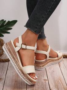 Women's Wedge Heel Hollow Platform Espadrilles Sandals, Woven Thick Bottom Waterproof Heel Summer Vacation Style Sexy, Suitable For Summer Wear, Fashion Increased Height Casual Open-Toe Sandals