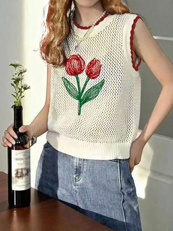 Women Floral Printed Elegant Knit Top, Simple Embroidered Hollow, Daily Wear, Travel, Date Night, All Seasons