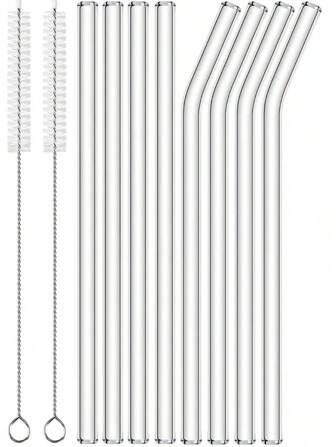 14 Packs Reusable Glass Straws Set - 6 Straight & 6 Bent Drinking Straws With 2 Cleaning Brushes - Shatter-Resistant Glass Straws For Cocktails, Smoothies, Juice, Milkshakes, Iced Coffee, Boba Tea, Soda, Lemonade, Protein Shakes, Cold Drinks, Adults - Perfect For Home, Office, Party, Travel, Restaurant, School, Camping, Dishwasher Friendly, 8.5''/20cm Long-Lasting
