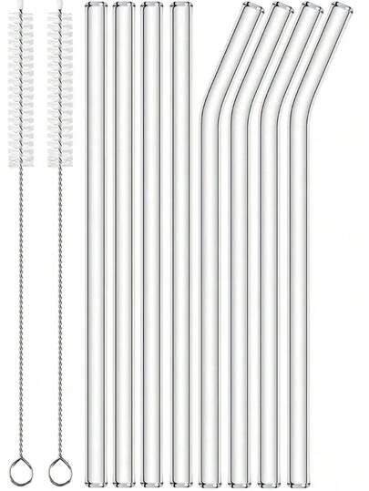 14 Packs Reusable Glass Straws Set - 6 Straight & 6 Bent Drinking Straws With 2 Cleaning Brushes - Shatter-Resistant Glass Straws For Cocktails, Smoothies, Juice, Milkshakes, Iced Coffee, Boba Tea, Soda, Lemonade, Protein Shakes, Cold Drinks, Adults - Perfect For Home, Office, Party, Travel, Restaurant, School, Camping, Dishwasher Friendly, 8.5''/20cm Long-Lasting