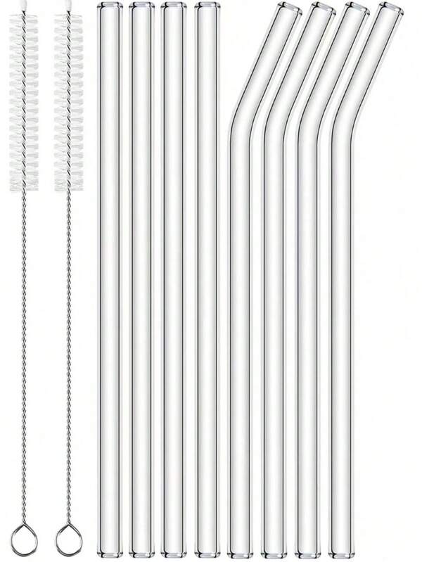14 Packs Reusable Glass Straws Set - 6 Straight & 6 Bent Drinking Straws With 2 Cleaning Brushes - Shatter-Resistant Glass Straws For Cocktails, Smoothies, Juice, Milkshakes, Iced Coffee, Boba Tea, Soda, Lemonade, Protein Shakes, Cold Drinks, Adults - Perfect For Home, Office, Party, Travel, Restaurant, School, Camping, Dishwasher Friendly, 8.5''/20cm Long-Lasting