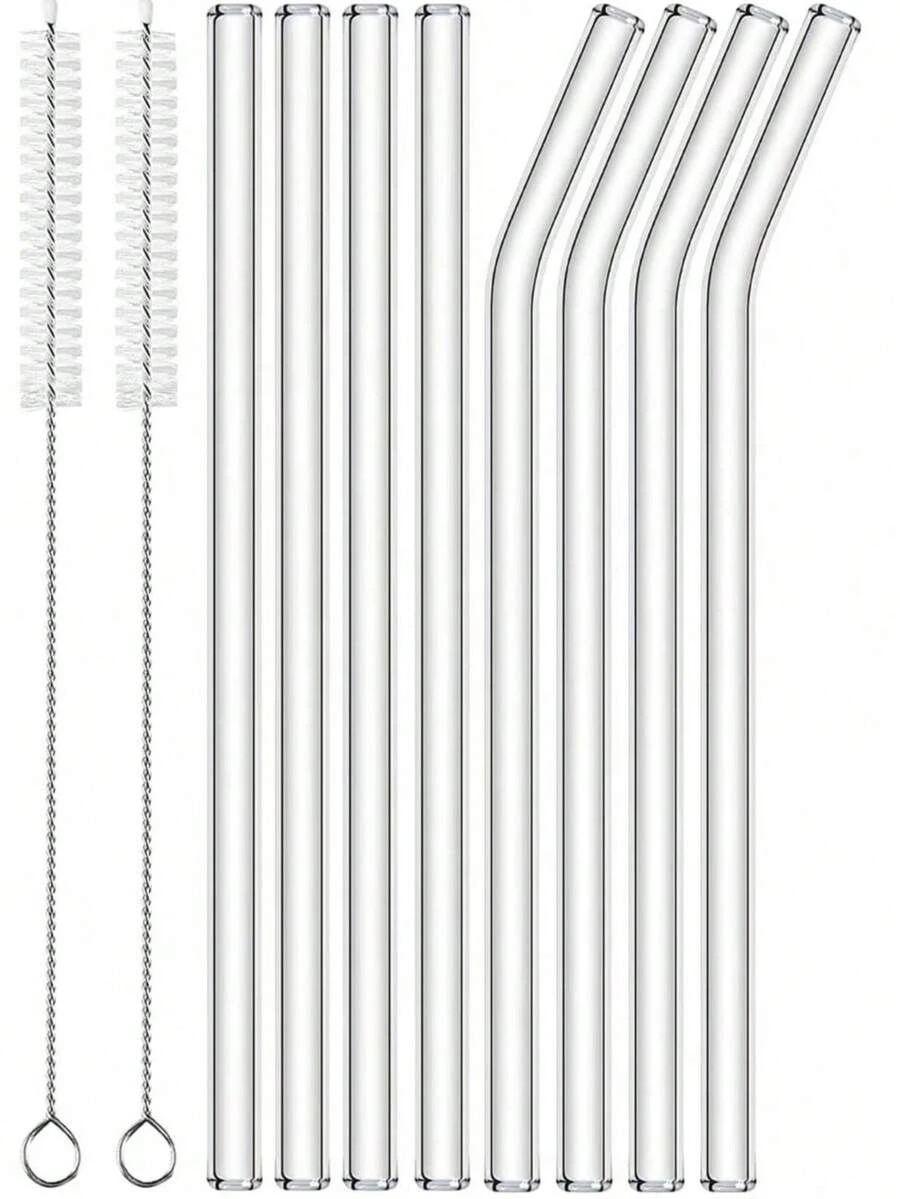 14 Packs Reusable Glass Straws Set - 6 Straight & 6 Bent Drinking Straws With 2 Cleaning Brushes - Shatter-Resistant Glass Straws For Cocktails, Smoothies, Juice, Milkshakes, Iced Coffee, Boba Tea, Soda, Lemonade, Protein Shakes, Cold Drinks, Adults - Perfect For Home, Office, Party, Travel, Restaurant, School, Camping, Dishwasher Friendly, 8.5''/20cm Long-Lasting