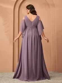Mgiacy New Elegant One-Shoulder Ruffle Sleeve Chiffon Dress, Plus Size Bridesmaid Gown - Bụi hồng - Xem 2