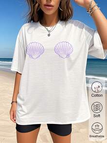 Women's Summer New Simple Shell Print Casual Vacation Style Loose Versatile Round Neck Sleeved T-Shirt Fashionable Daily Tops Suitable For Daily Vacation Wear.Graphic Tees Women Top - trắng - Xem 1