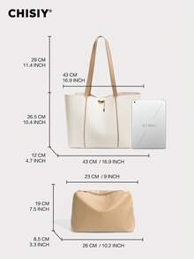 2pcs Handmade Large French Vintage Patchwork Metal Decor Strap Faux Leather Simple Tote Bag, Fashion Business Large Capacity Women Commuter Bag, Casual Elegant Date Shoulder Bag, Suitable For Office Lady, Shopping, Travel, All Seasons Valentine's Day - 白色 - 查看 6