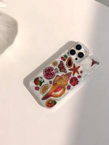 1pc Beaded Heart, Pomegranate, Star & Flower Element Printed Waterproof, Fingerprint Proof, Scratch-Resistant Smooth Soft Glossy Transparent Phone Case - Multicolor - View 2