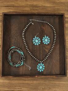 1 Set: 2pcs Necklaces + 1 Pair Earrings, Retro Cowboy Style Faux Turquoise Fashion Jewelry Set For Women - Antique Silver - View 5