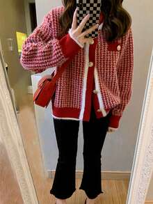 Tonlion 女士秋冬优雅韩版羊毛开衫 - 紅色 - 查看 4