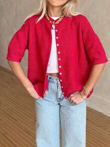 Women Short Sleeve Cardigan Button Down Open Front Knit Crew Neck Sweater Tops Oversized Lightweight Cardigans - Red - View 4