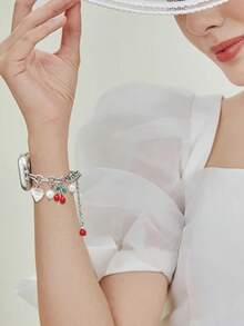 1 条 表带 表带女款 Love Cherry 吊坠银手链，兼容 38/40/41/42/44/45/46/49 毫米，适用于 Ultra3/2/1/Se/10/9/8/7/6/5/4/3/2/1，可调节伸缩拉丝设计金属表带，苹果手表配件，女士配饰，适合夏季女性，智能手表表带 - 銀色 - 查看 5