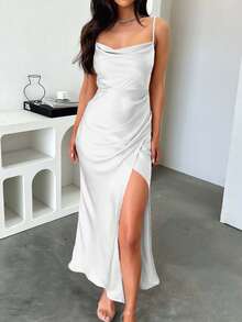 Look Polly Women's Summer Dress, Solid Color Silk Maxi Slip Dress, Wedding Guest Dress, Autumn Dress, Back To School Outfit, All White Party Set, Off-Shoulder Gown, Formal Dance Dress, Elegant Sexy High Slit Maxi Dress, All White Party Set, Christmas Outfit - White - View 6