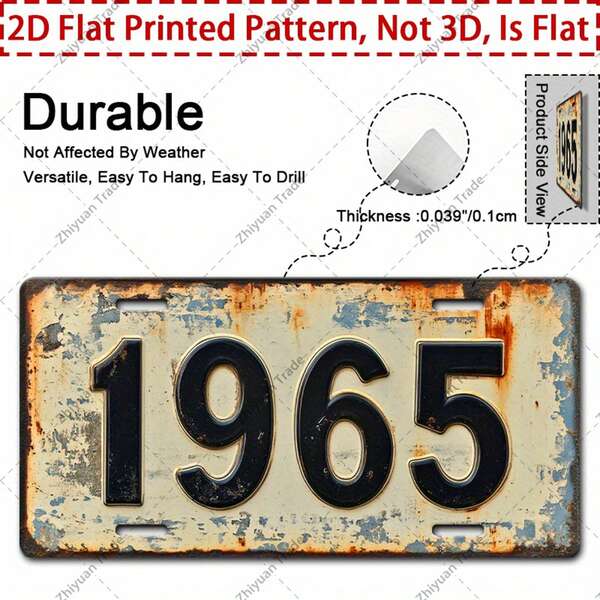 1pc Vintage 1965 Metal Sign, Retro License Plate Wall Decor With Pre-Drilled Holes, Suitable For Men's Cave, Garage, Bar, Cafe Decoration, Holiday Gift, Durable Weather-Resistant Novelty Printing, Metal Wall Art, Garage Decor, 2D Flat, Random Hole Positions