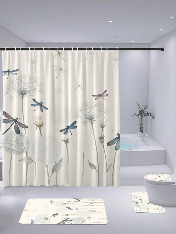 1/4pcs Watercolor Dandelion & Dragonfly Print Shower Curtain Set, Waterproof Polyester Fabric, Minimalist Style For Home Decor, Including Bath Mat, U-Shaped Mat, Anti-Slip Mat, Suitable For Spring & Fall Decor Back To School Bathroom Decor