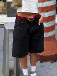 Summer Casual Daily Loose Fit Denim Bermuda Shorts, Black - 黑色 - 查看 4