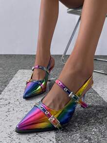 女士复古尖头玛丽珍皮鞋英伦风平底鞋2025春秋新款法式时尚粗跟高跟鞋 - 彩色 - 查看 5