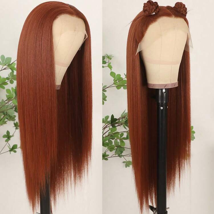 13X4 Free Part Blue Lace Front Wigs 26 Inch Pre Plucked Long Straight Hair Wigs Glueless Soft Light Blue Colored Wigs Heat Resistant Long Blue Straight Synthetic Lace Front Wigs For Fashion Women For Daily Christmas Party Cosplay Use - 鏽棕色 - 查看 4