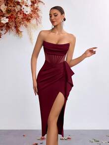 Elisanya Backless Strapless Ruffle Slit Front Formal Party Dress - Burgundy - View 7