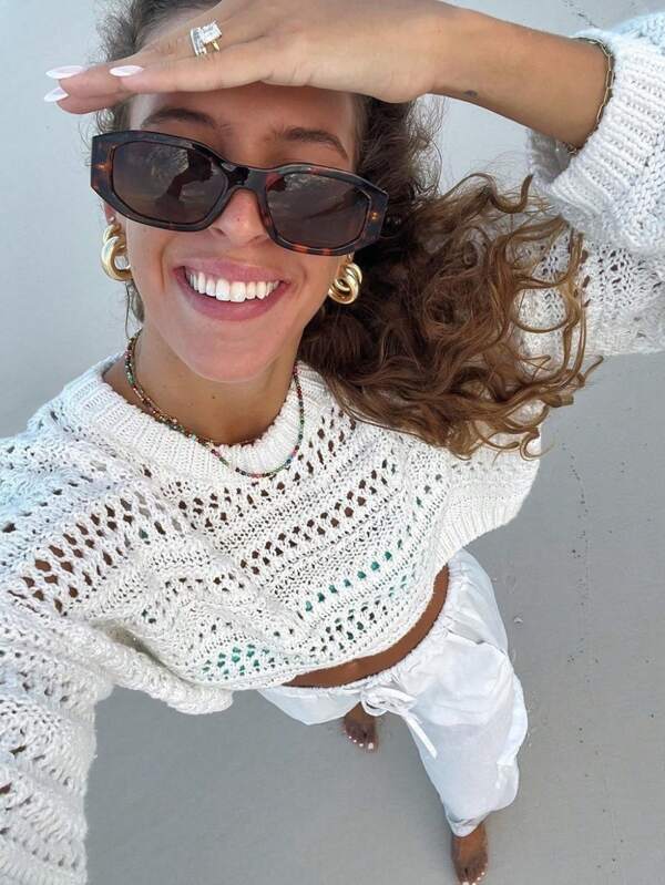 Women's Solid Color Hollow Sweater Tops Dropped Shoulders Long Sleeves Top,Festival Outfits Women,Vacation Outfits Woman,4th Of July Women